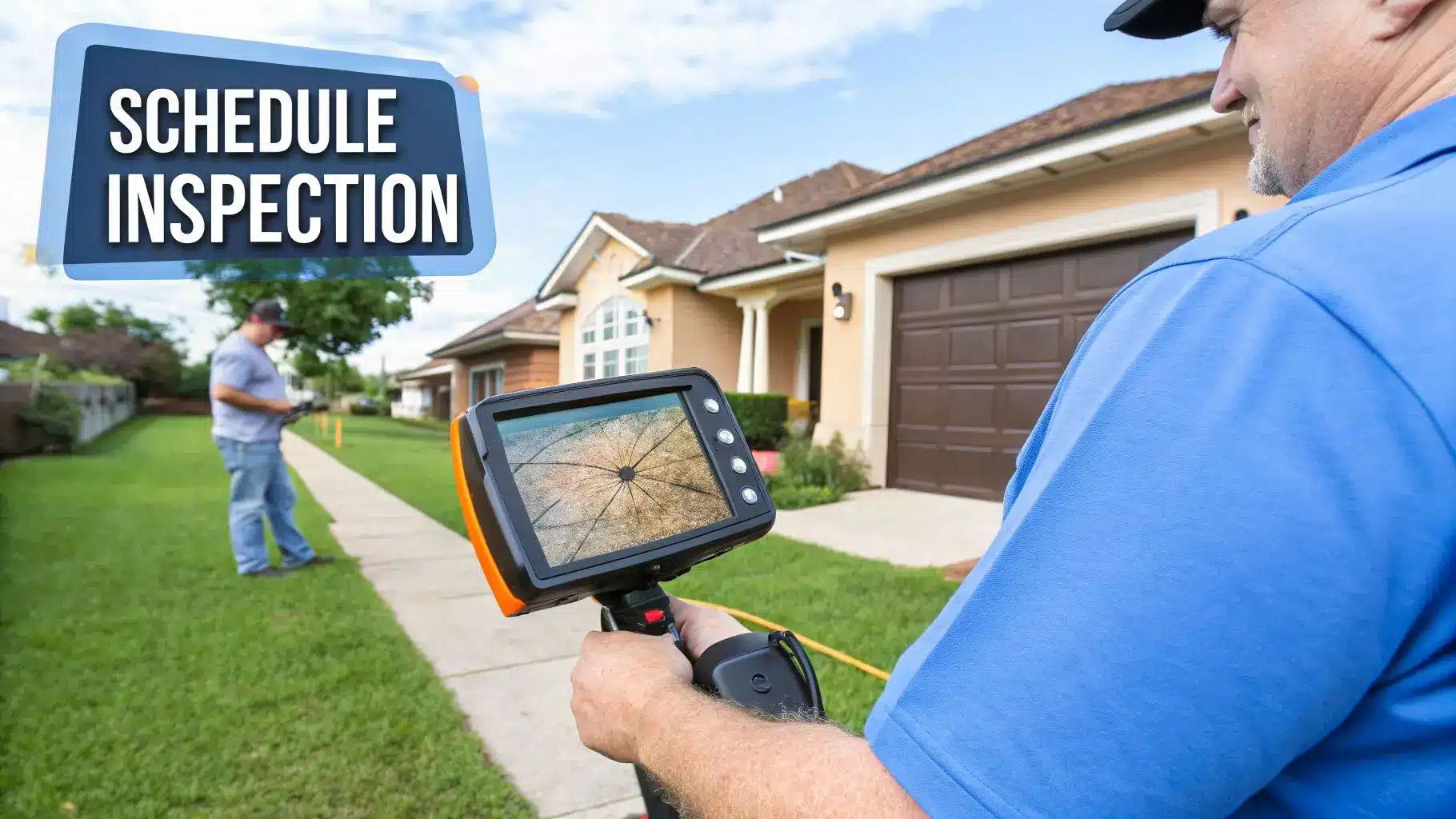 A plumber conducts a sewer pipe inspection using a camera, with text 'SCHEDULE INSPECTION'.