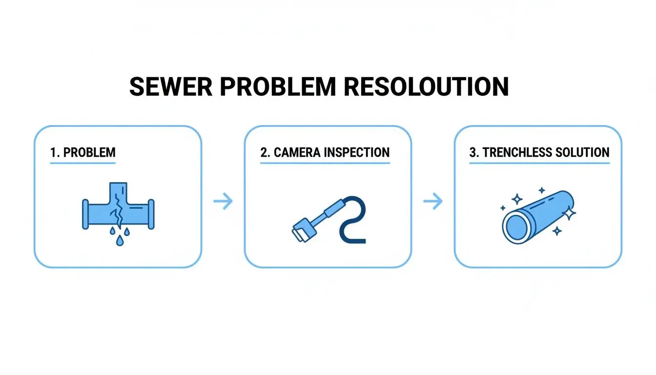 Infographic showing a three-step sewer problem resolution process: problem, camera inspection, and trenchless solution.