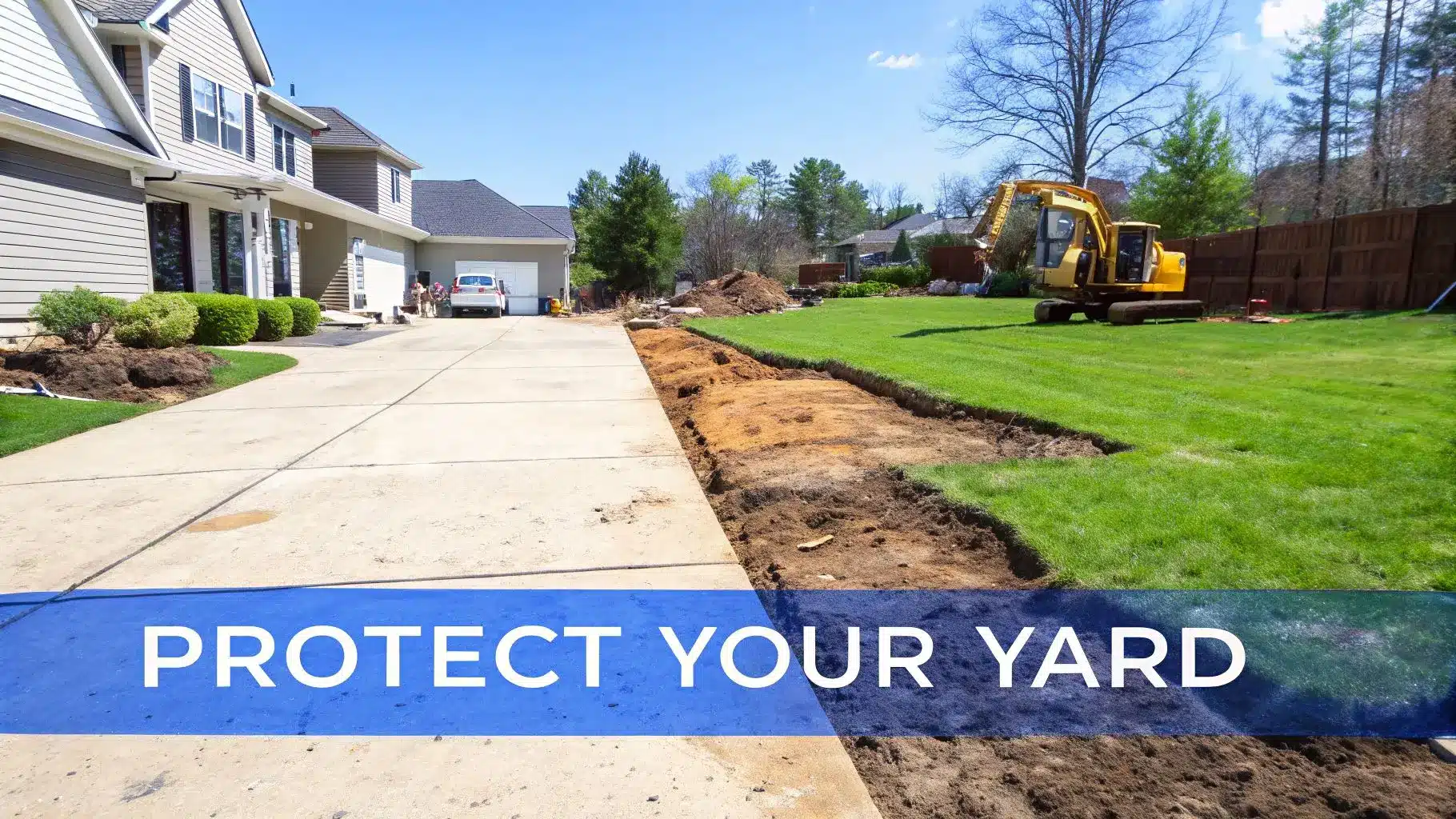 A construction site showing a house, driveway, freshly dug trench, and an excavator in the yard.