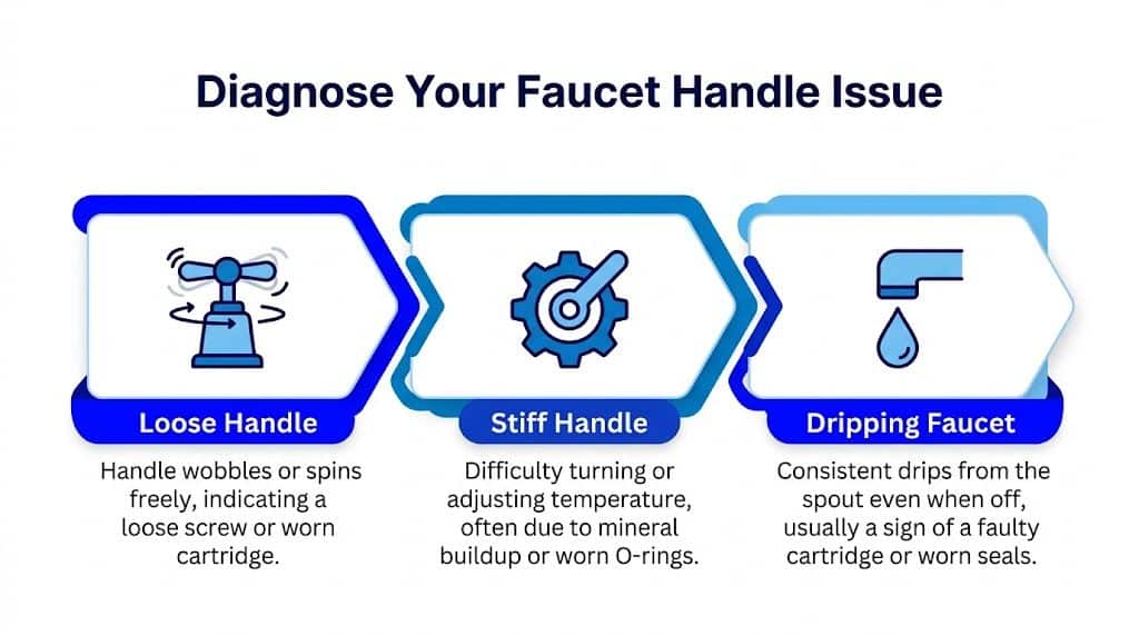 A diagram illustrating how to diagnose common faucet handle problems like loose, stiff, or dripping fixtures.