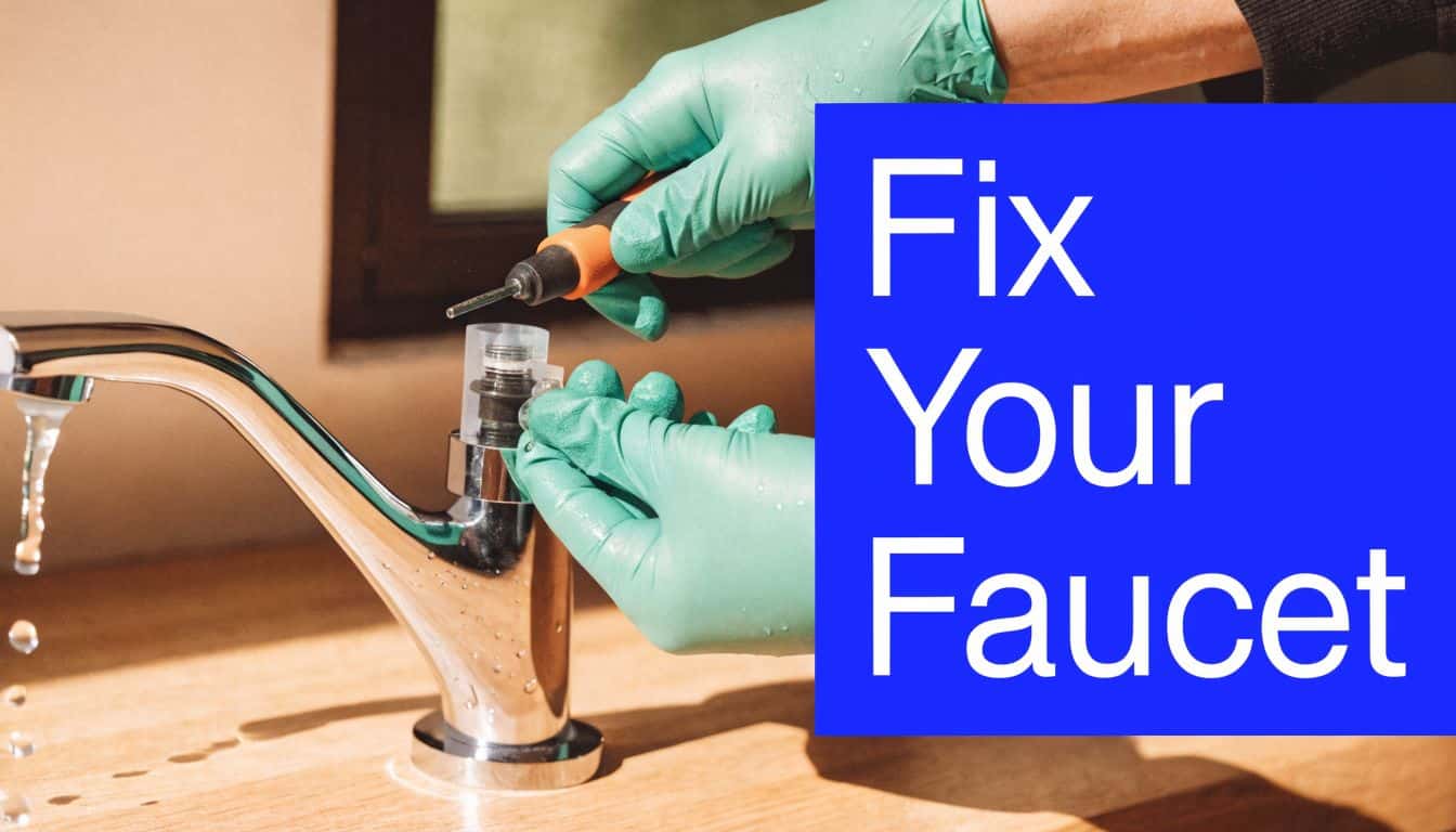 A person wearing green gloves performs a faucet handle repair using a small screwdriver on a sink.