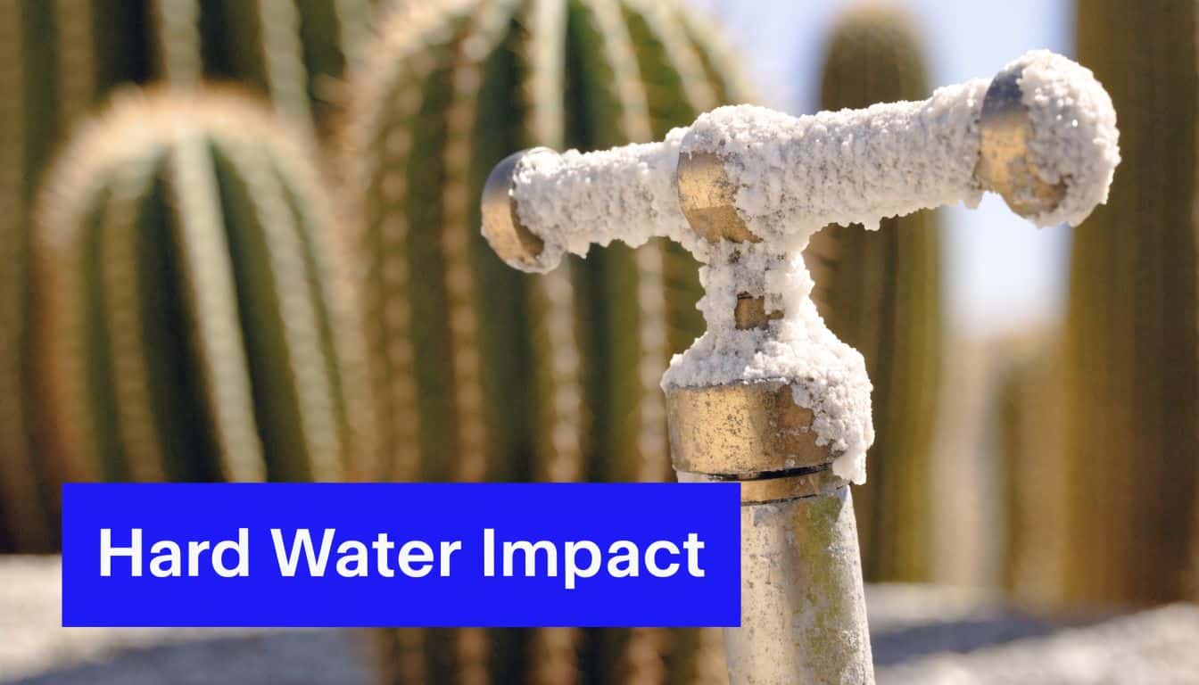 A brass outdoor water faucet handle heavily coated with white mineral deposits against a blurry cactus background.