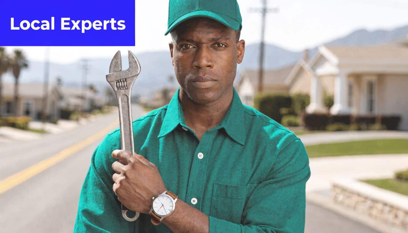 A professional maintenance technician in a green uniform holds a metal wrench while standing outdoors.