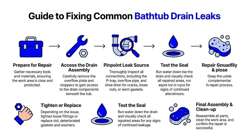 An infographic titled Guide to Fixing Common Bathtub Drain Leaks showing step by step plumbing repair instructions.