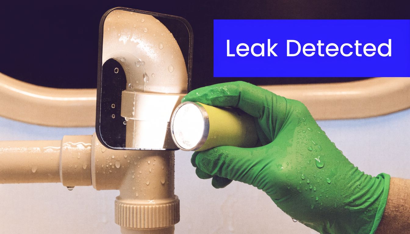 A professional plumber wearing green gloves using a flashlight and small mirror to inspect a pipe leak.