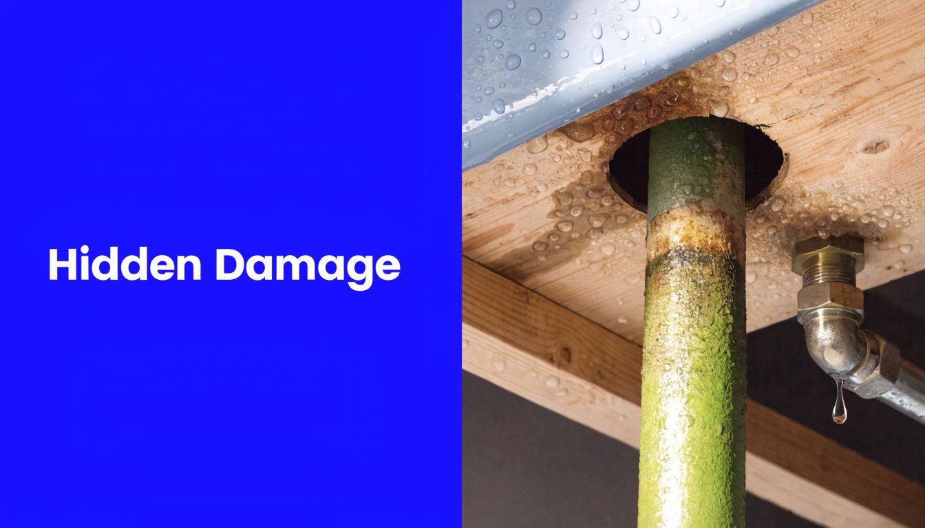 A close-up view of water leaking from a plumbing pipe causing moisture damage to wooden floor joists.