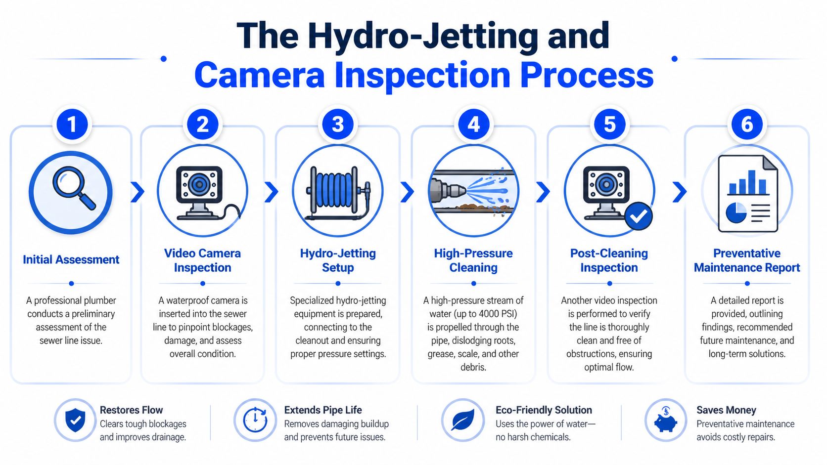 A six-step infographic detailing the hydro-jetting and sewer pipe camera inspection process for professional plumbing maintenance.