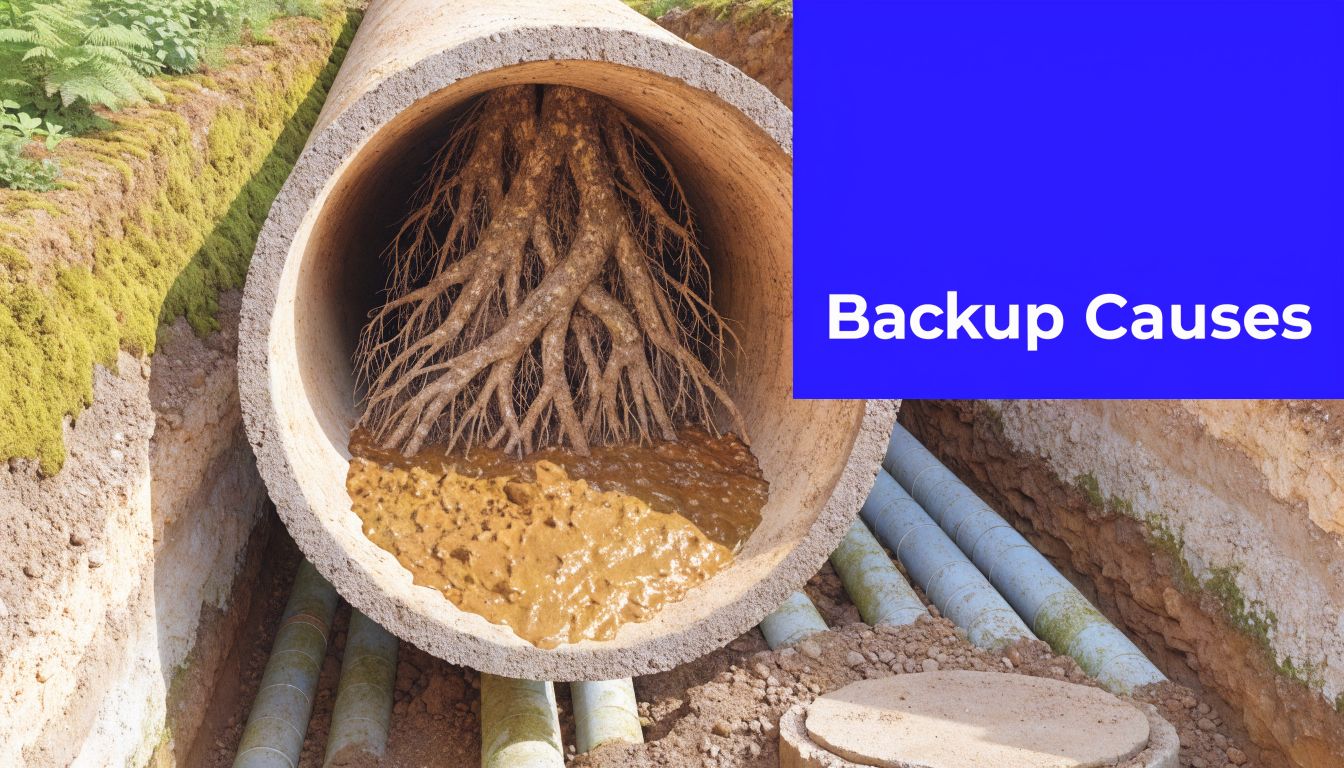 A large concrete sewer pipe unearthed in a trench, blocked by tree roots and thick sewage sediment.