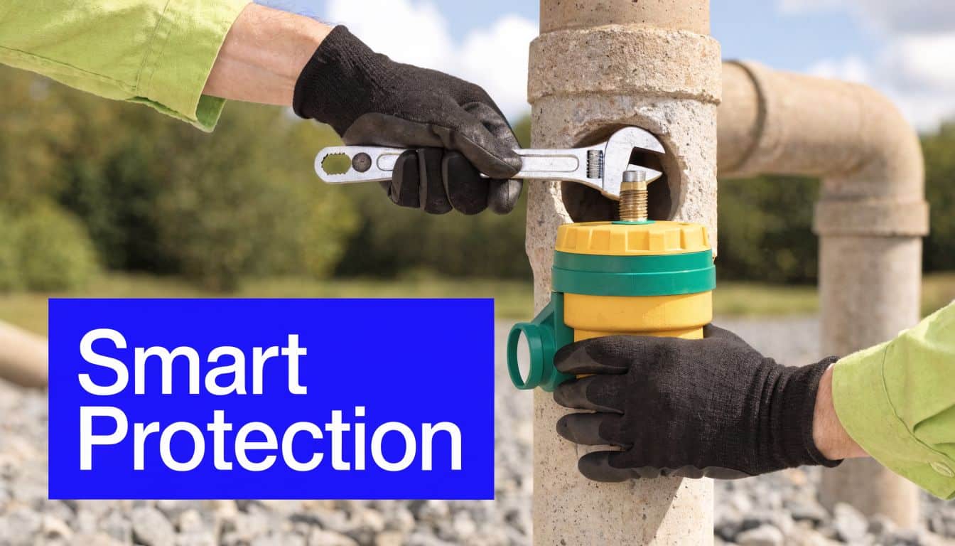 A worker wearing gloves uses a wrench to install a smart sewer backwater valve into a pipe.