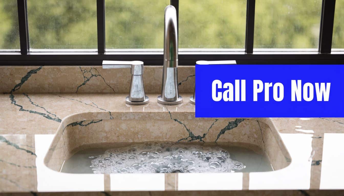 A beige marble sink filled with standing soapy water, suggesting a potential plumbing drain blockage issue.
