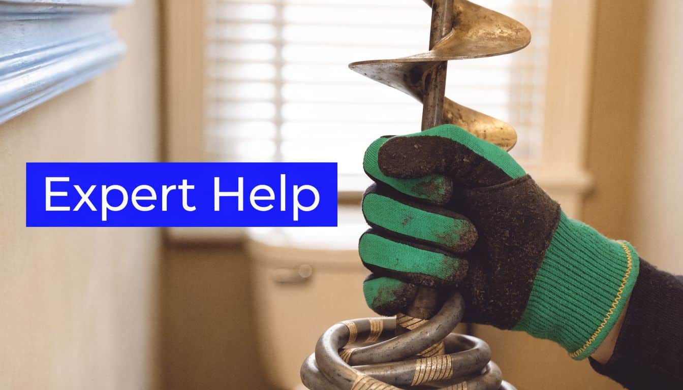 A close-up of a gloved hand holding a metal drain auger used for clearing plumbing clogs.
