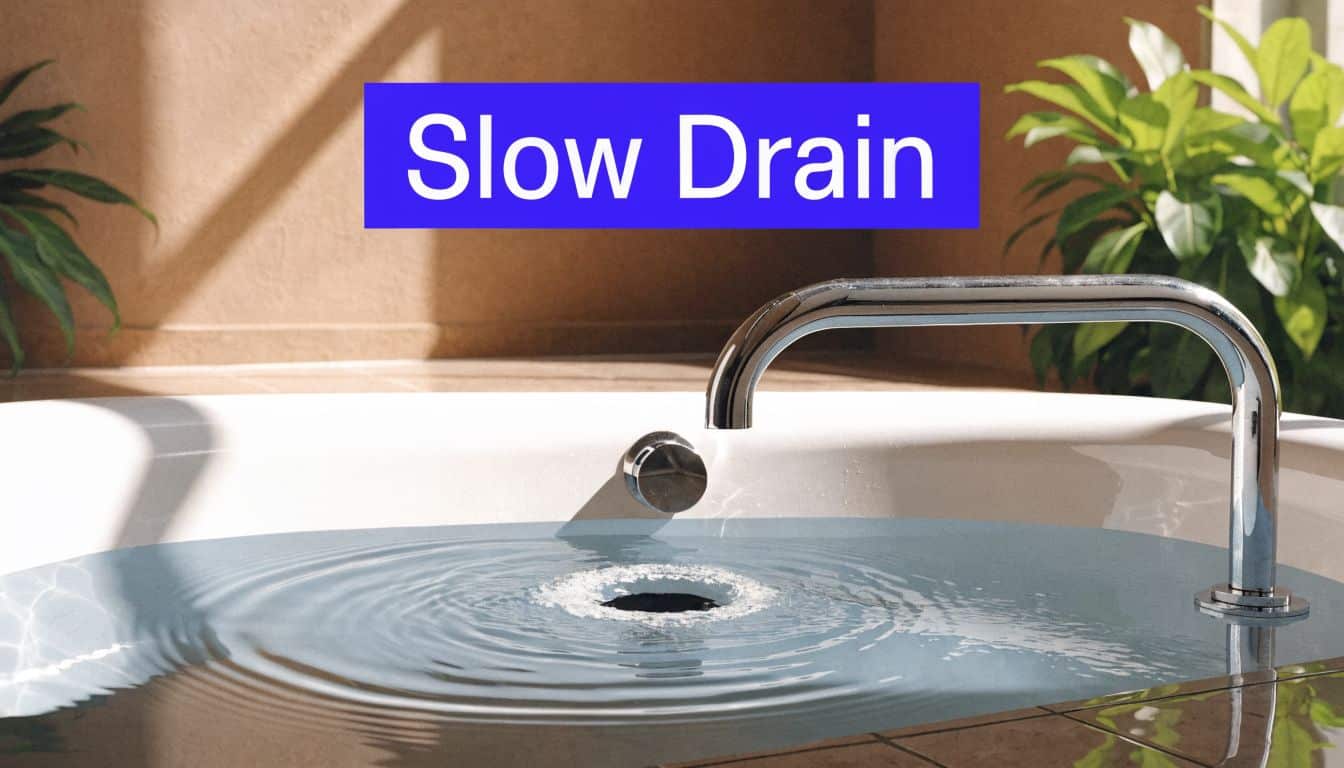 A bathtub filled with water featuring a slow drain with a whirlpool effect around the drain opening.