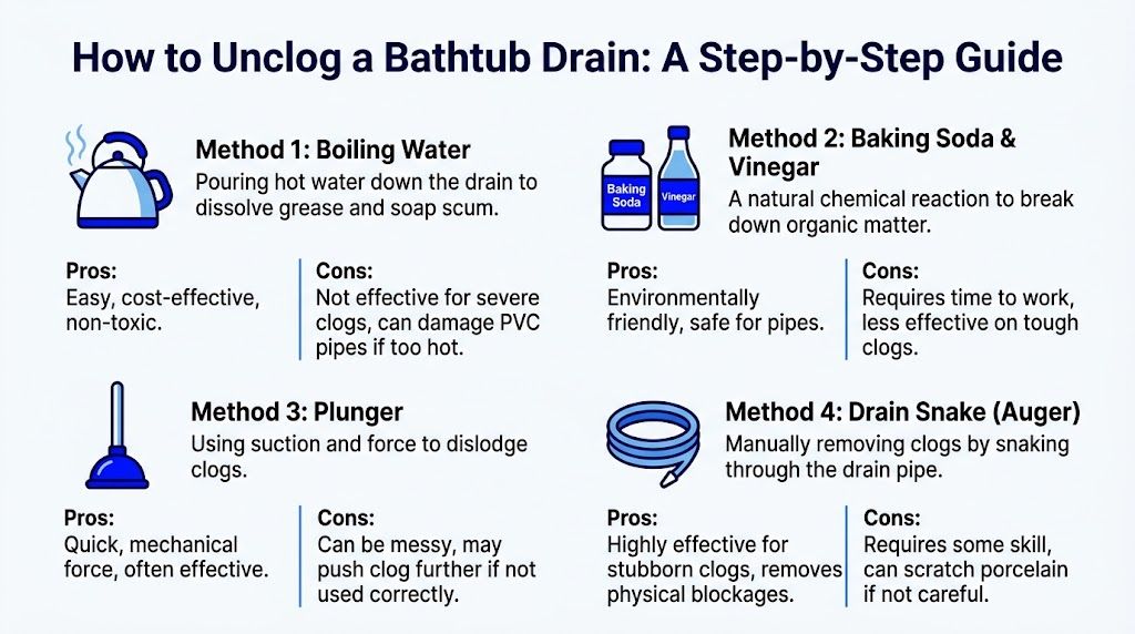 An infographic showing four common methods to unclog a bathtub drain, including pros and cons for each.