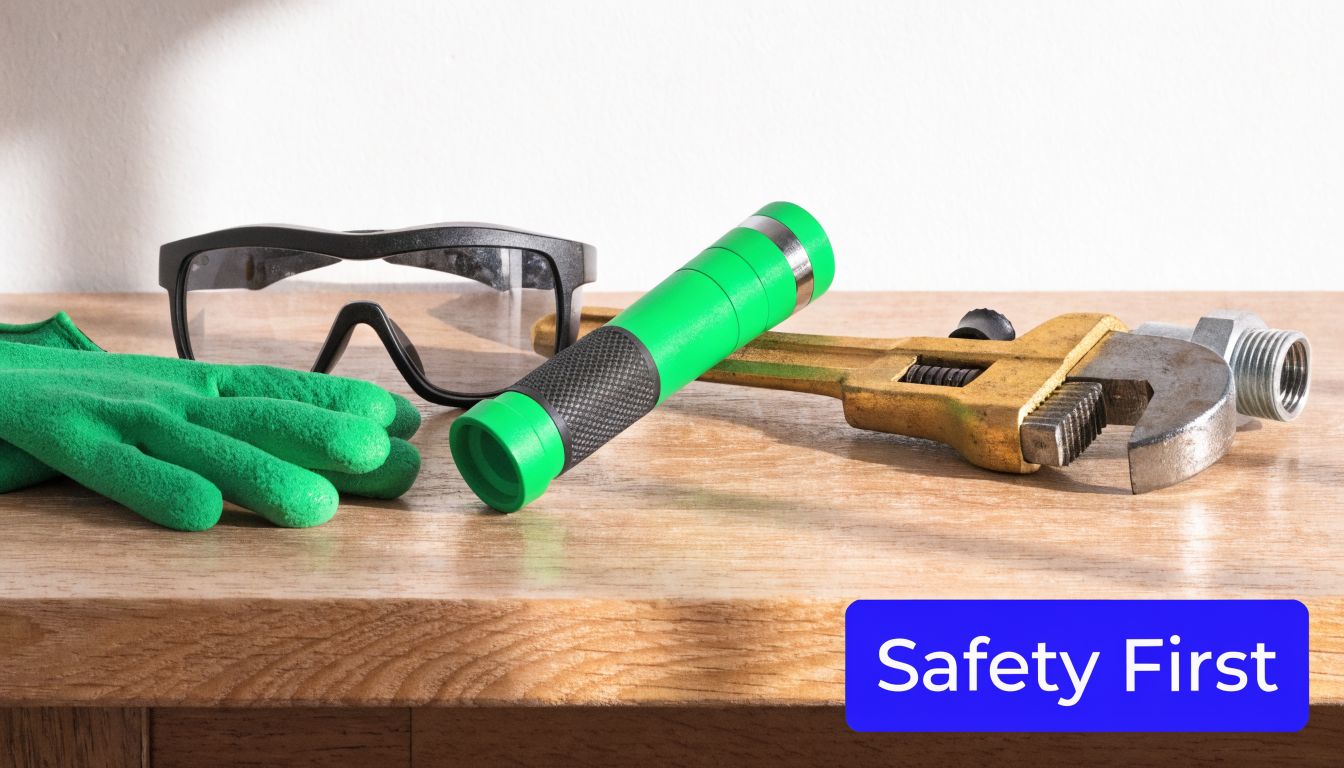 A pair of safety glasses, green work gloves, a flashlight, and a metal wrench on wood.