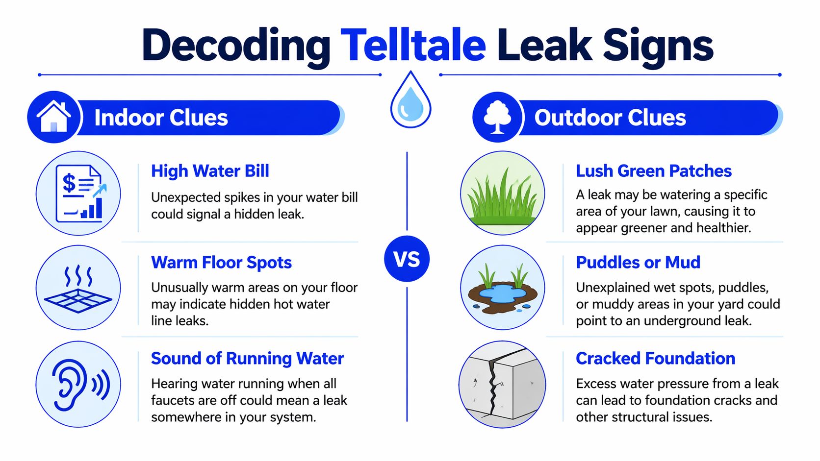 An infographic titled Decoding Telltale Leak Signs showing indoor and outdoor indicators of hidden plumbing leaks.