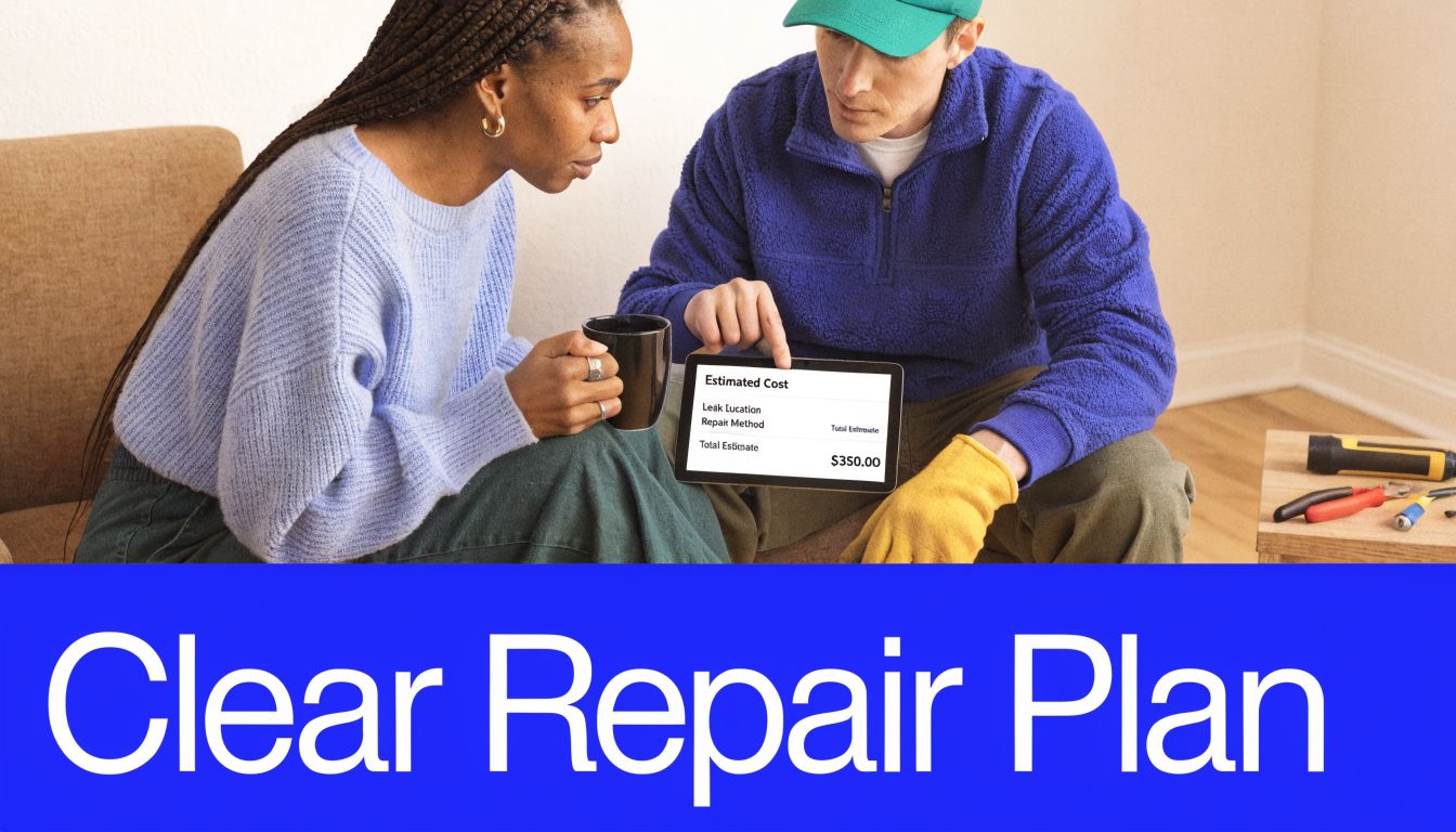 A leak detection specialist explains repair costs and plans to a homeowner using a digital tablet device.