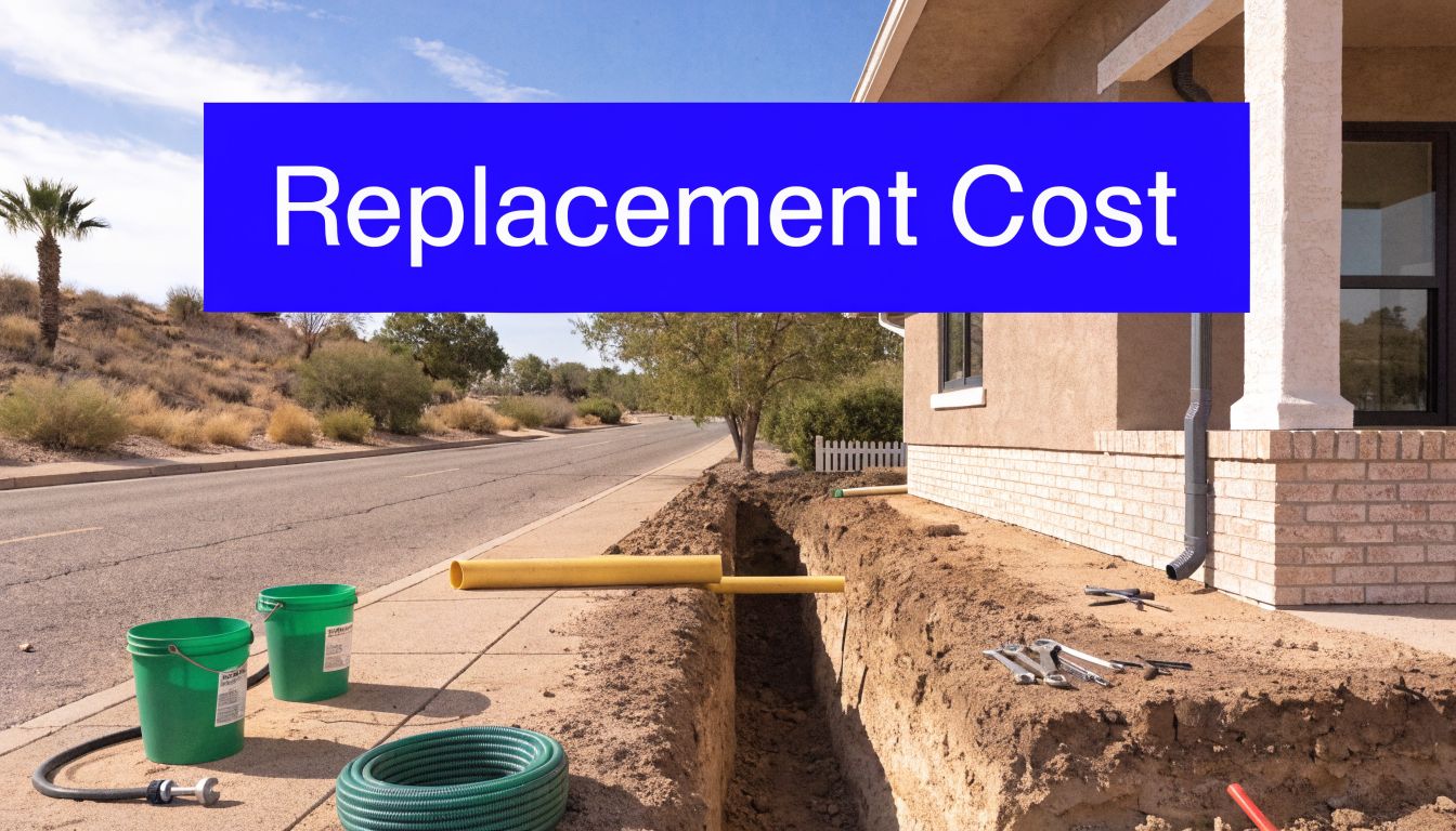 A construction site outside a home showing a dug trench, pipes, and tools for sewer line repair.