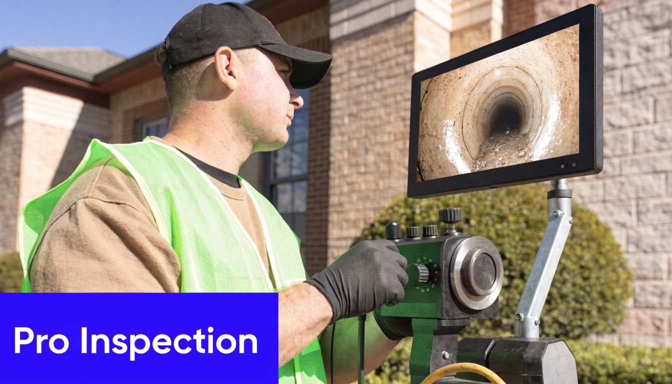 A professional technician using a sewer inspection camera system to examine a damaged residential pipe line.