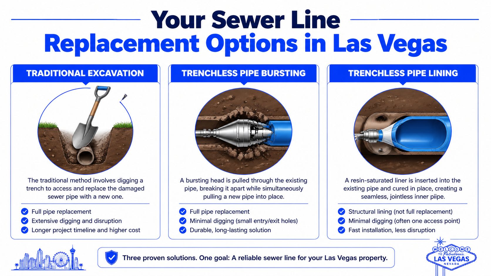 An infographic showing three different methods for sewer line replacement in Las Vegas, including excavation, bursting, and lining.