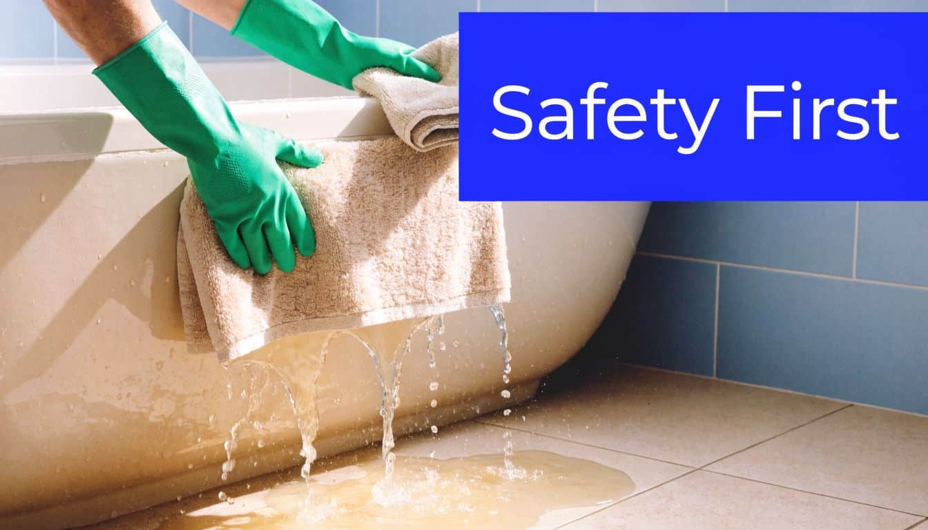 A person wearing green gloves cleaning a bathtub with a towel while sewage water leaks out.
