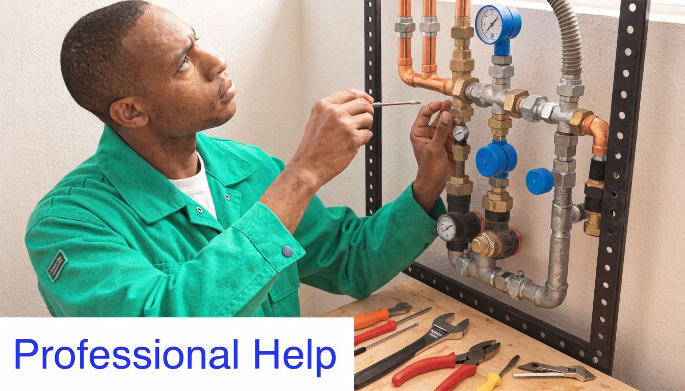 A professional technician in a green uniform repairing industrial pipes mounted on a wall frame.