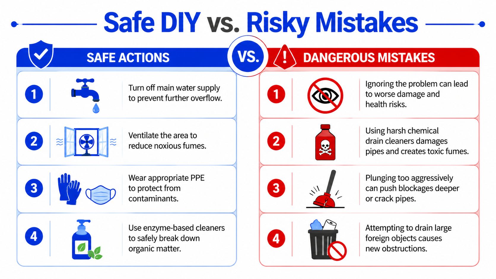 A safety infographic comparing recommended DIY actions versus dangerous mistakes when handling home sewage backup issues.