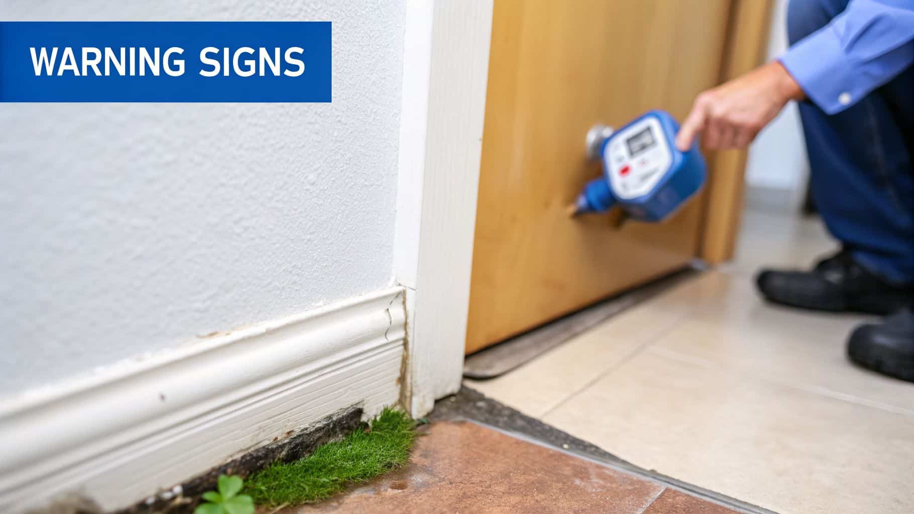 A technician uses a moisture meter near a door, with moss growing from a wall baseboard, indicating a water leak.