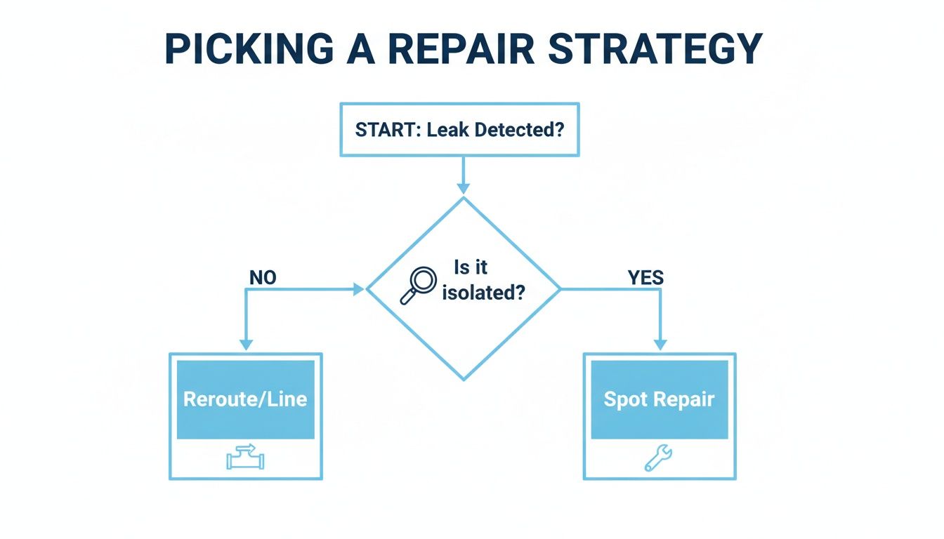 A flowchart outlining a leak repair strategy. If a detected leak is isolated, perform a spot repair; otherwise, reroute the line.