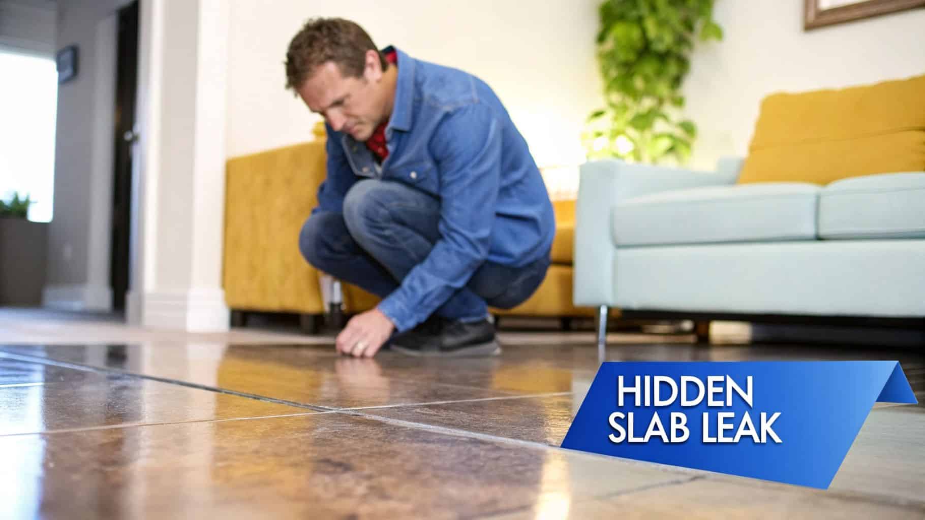 A man in blue clothing crouches to inspect a wet spot on a tiled floor for a hidden slab leak.