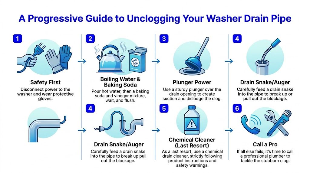 A six-step infographic guide on how to safely unclog a washing machine drain pipe.