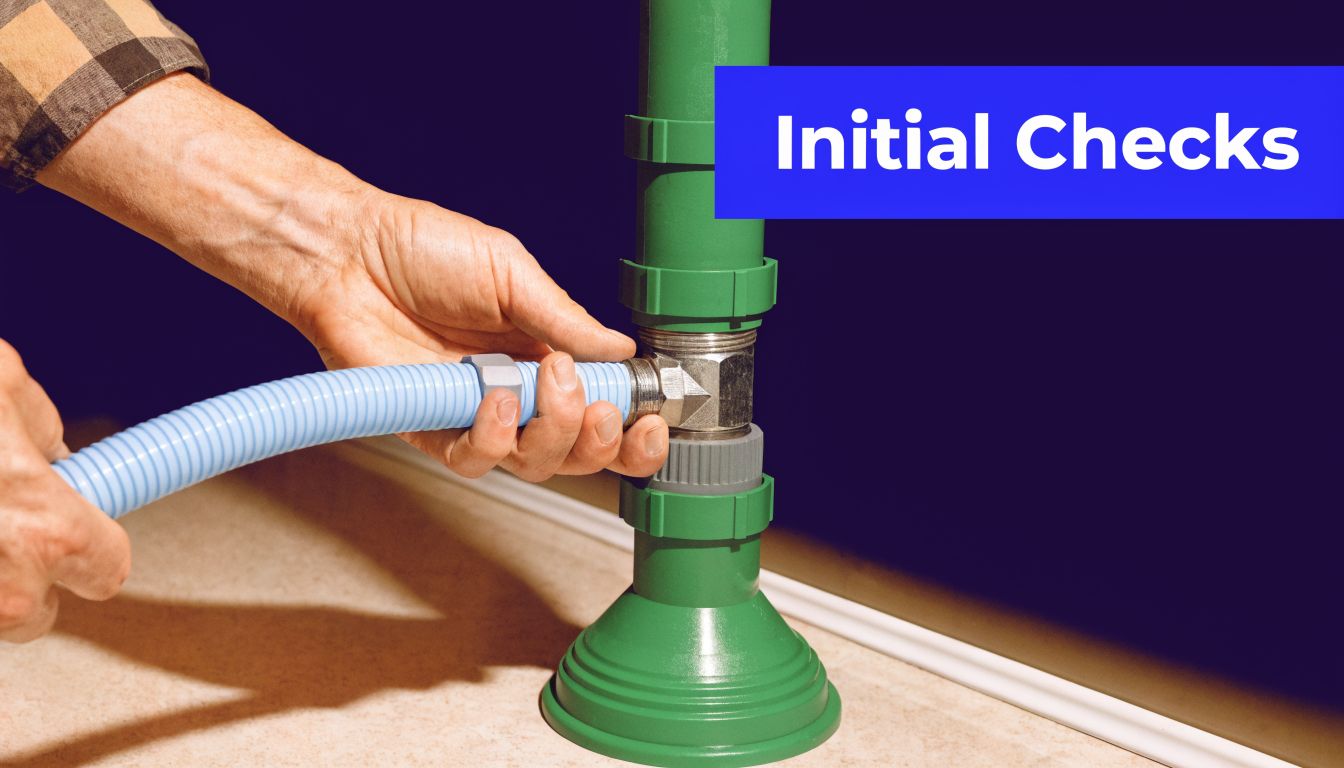 A technician connects a blue corrugated drainage hose to a vertical green pipe system for maintenance.