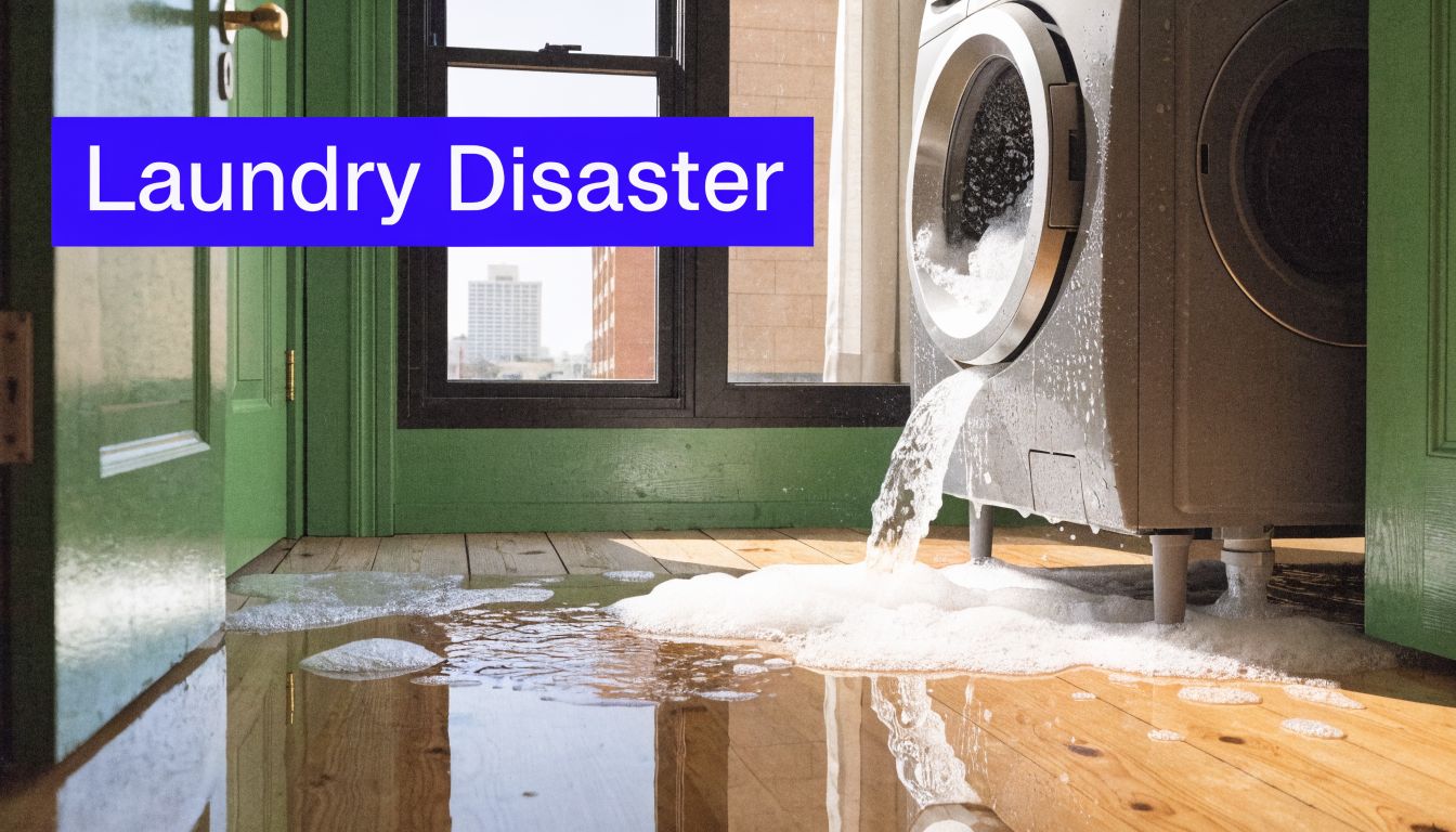 A modern washing machine overflowing with water and soap suds, causing a flood on a wooden floor.