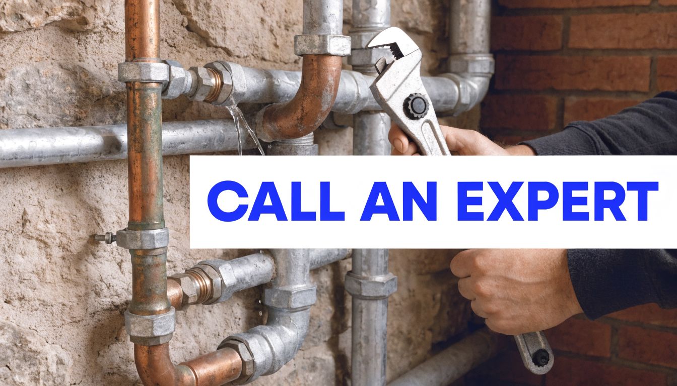 A professional plumber uses a wrench to fix a leaking pipe valve against a stone wall.