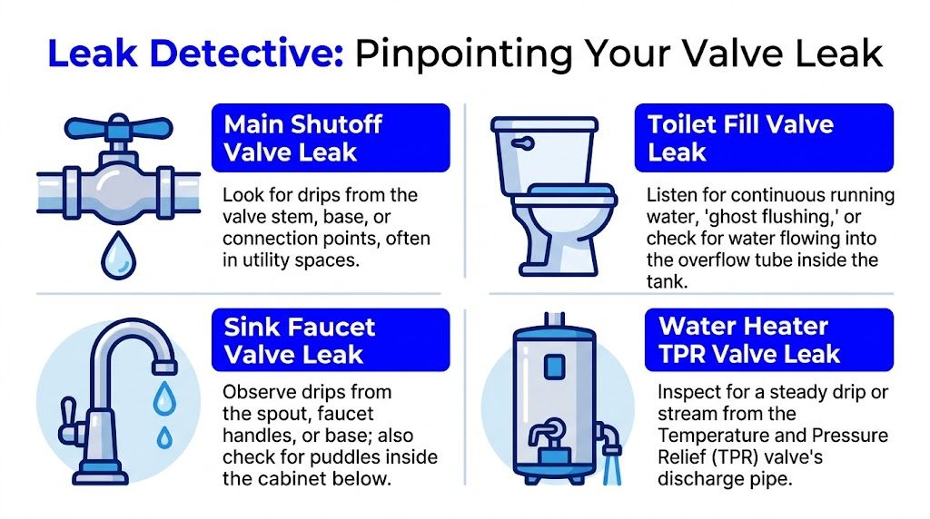 An infographic titled Leak Detective detailing how to identify valve leaks in common household plumbing fixtures.
