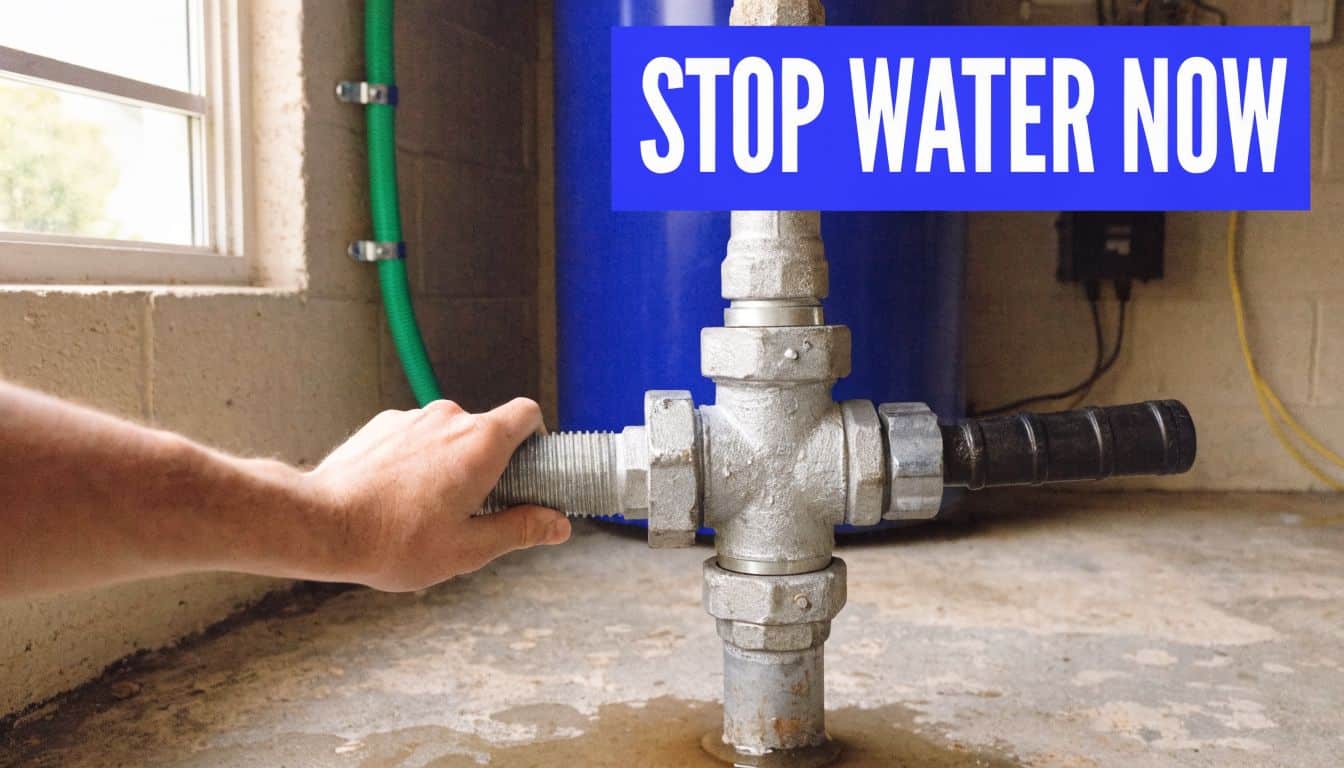 A person's hand reaches to adjust a pipe valve near a blue water tank with text overlay.