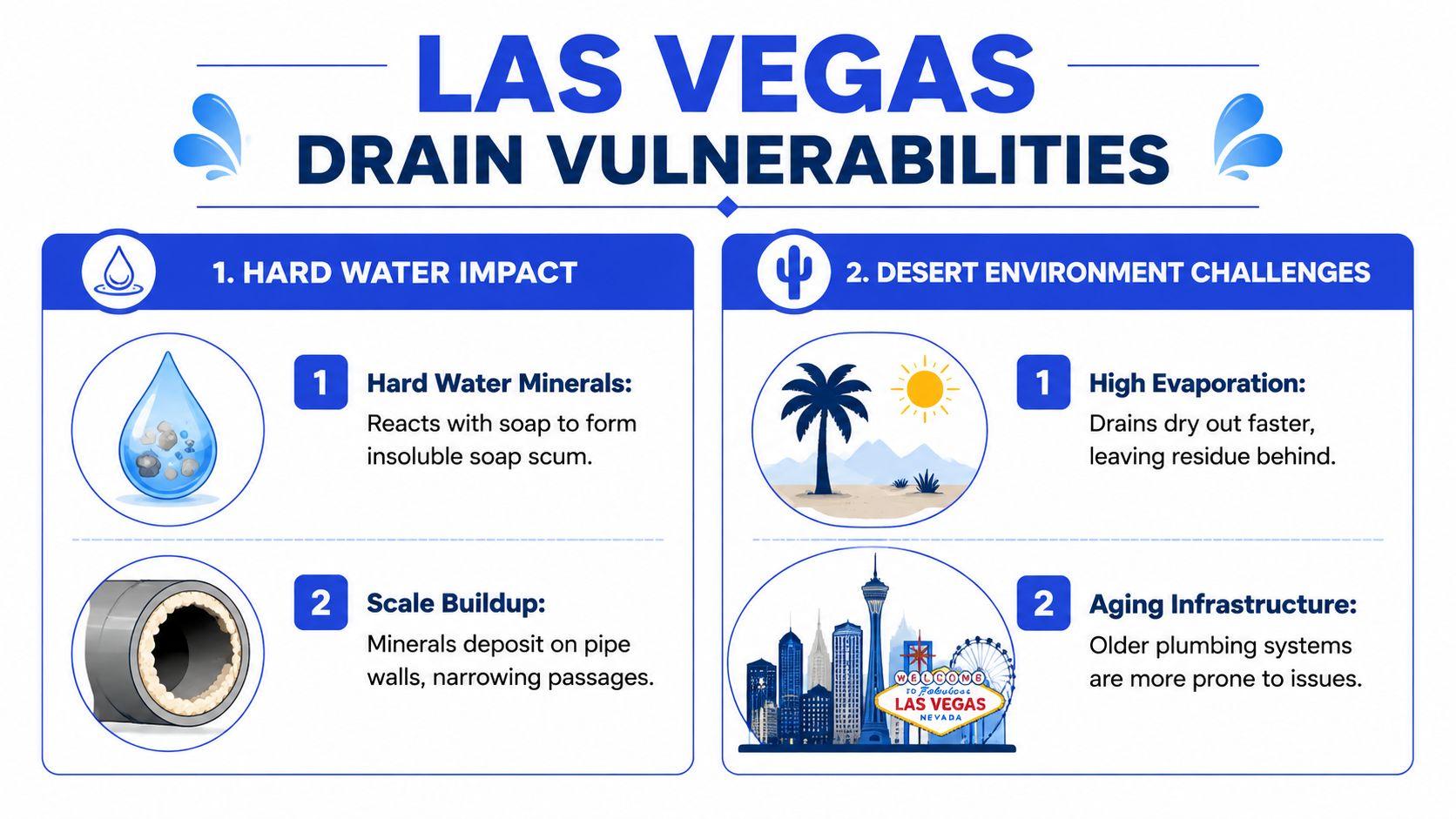 An infographic detailing common drain issues in Las Vegas, including hard water impact and desert environment challenges.