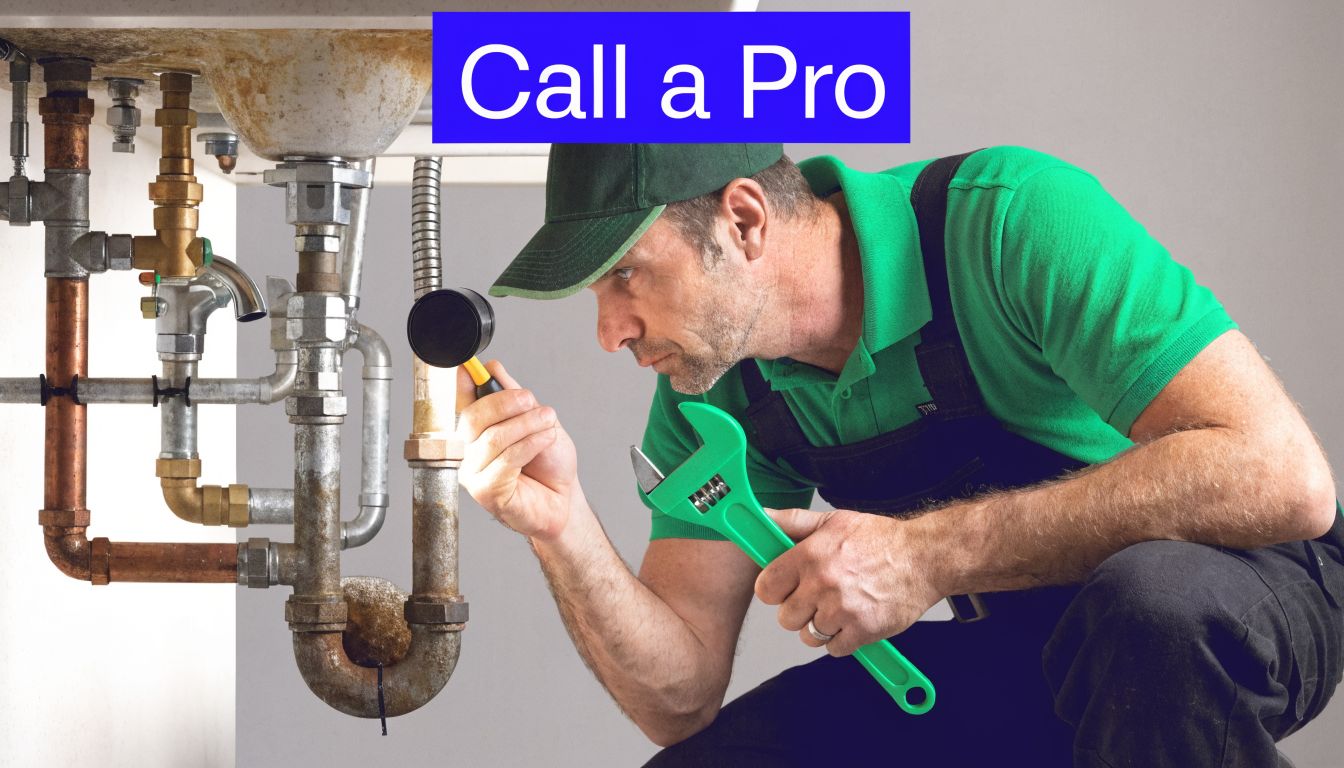 A professional plumber examining sink pipes under a basin while holding a flashlight and a large wrench.