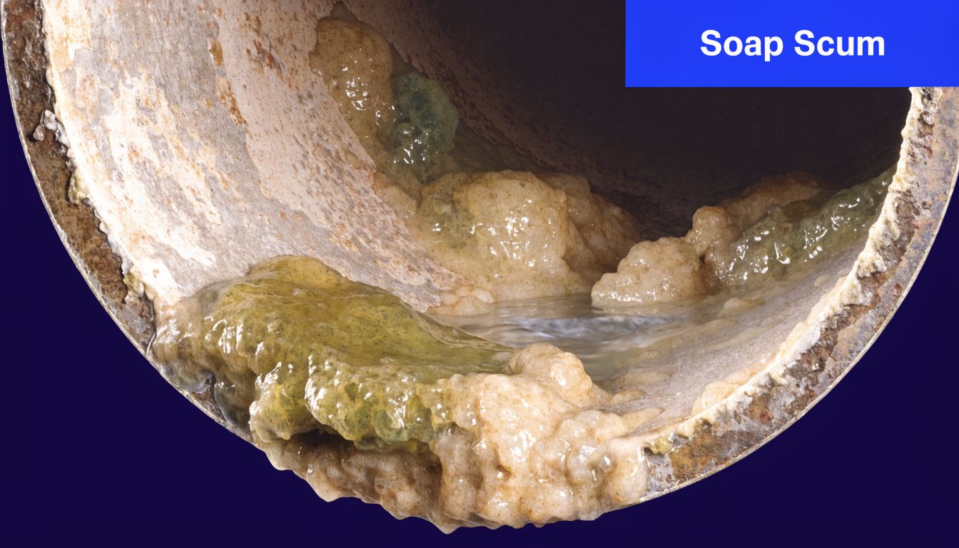 A cross-section of a drainage pipe partially blocked by a buildup of white and green soap scum.