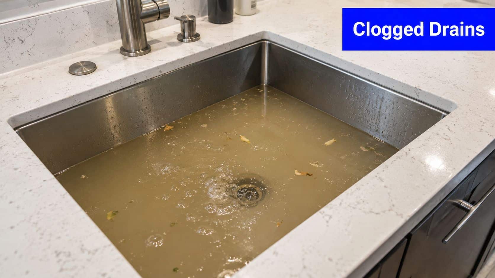 A kitchen sink filled with dirty standing water and food debris indicating a severe plumbing blockage issue.