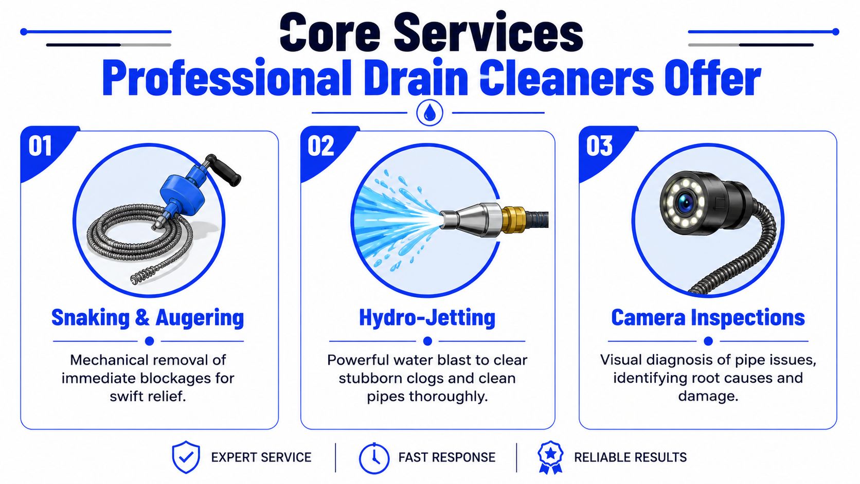 A professional service menu highlighting snaking, hydro-jetting, and camera inspection services for efficient drain cleaning solutions.