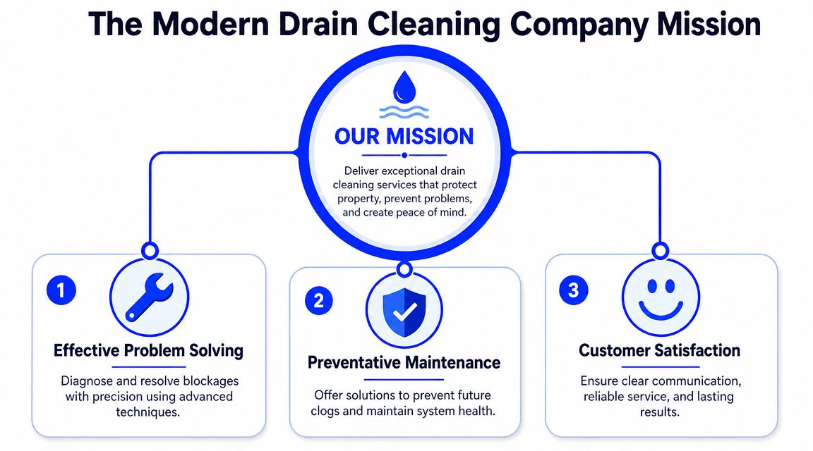 A diagram outlining the mission of a drain cleaning company including problem solving, preventative maintenance, and customer satisfaction.
