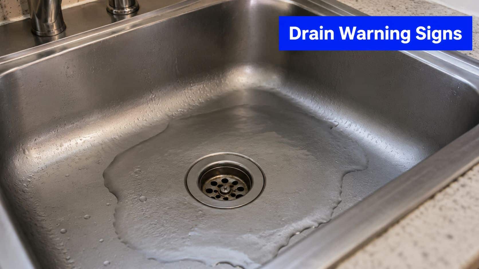 A close-up view of a stainless steel kitchen sink with standing water pooling around the drain.