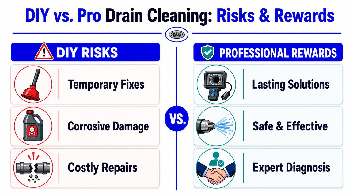 An infographic comparing the risks of DIY drain cleaning with the benefits of professional plumbing services.