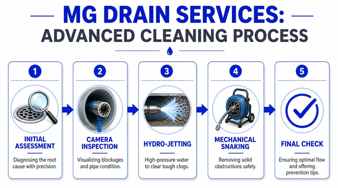 A five-step infographic showing the professional drain cleaning process from initial assessment to final inspection.