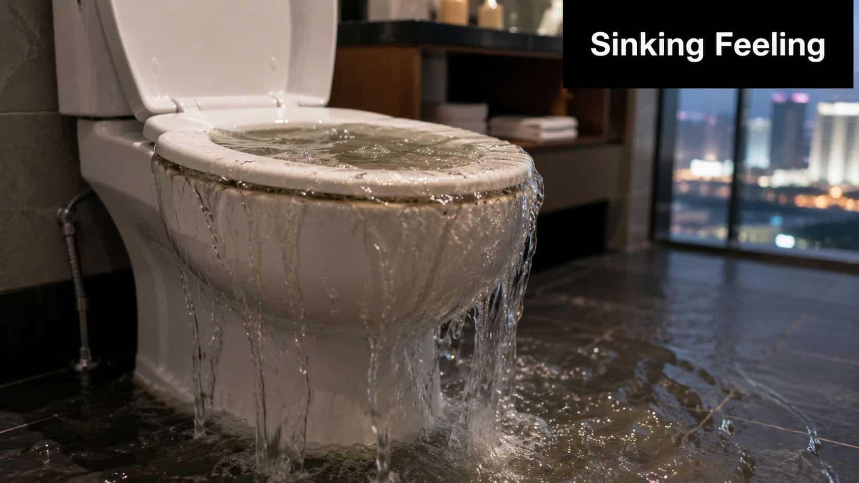 A bathroom toilet overflowing with water, creating a large puddle on the dark tiled floor.