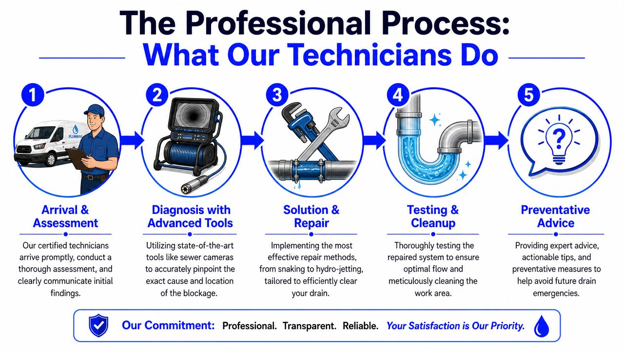 A professional infographic illustrating a five-step plumbing drain cleaning service process for residential customers.