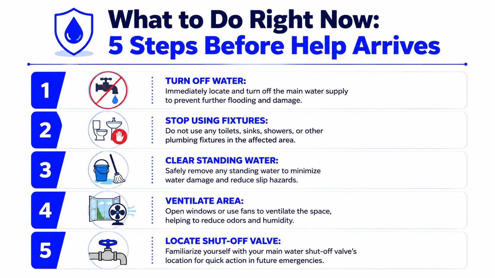 An infographic titled What to Do Right Now detailing five essential steps to take during water damage emergencies.
