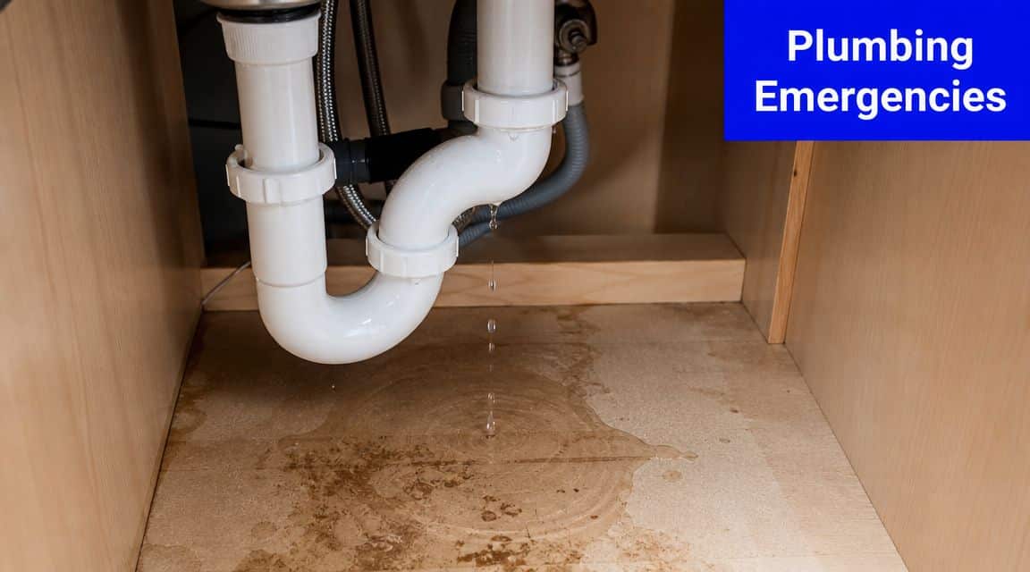 A leaking white pipe under a kitchen sink creating a pool of water on the cabinet floor.