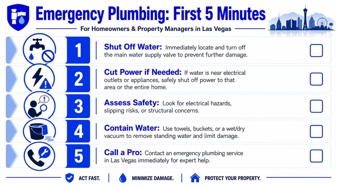 A checklist infographic outlining five essential steps for emergency plumbing in Las Vegas to minimize damage.