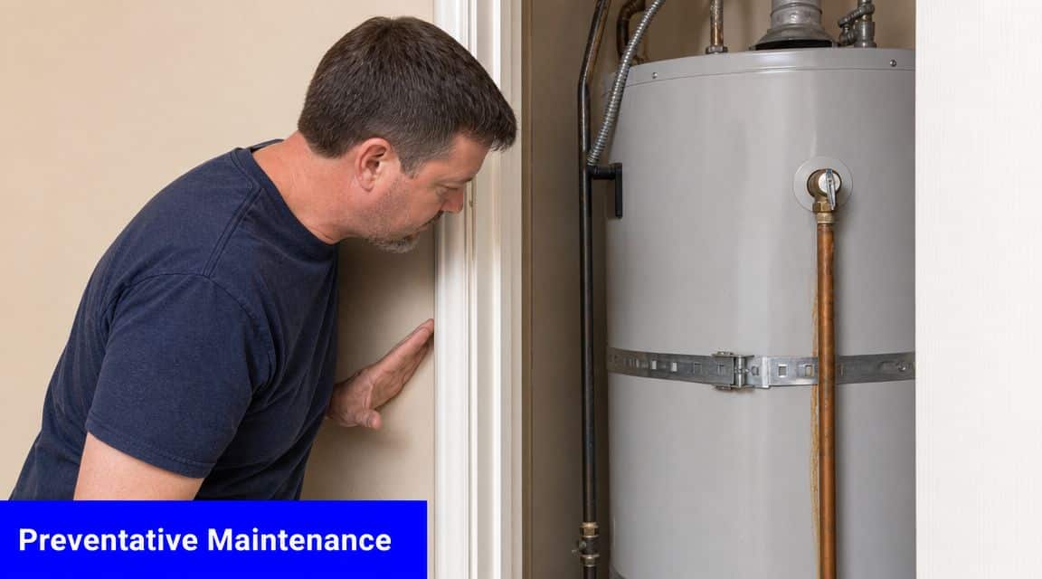 A professional plumber inspecting a residential water heater unit as part of routine preventative home maintenance.